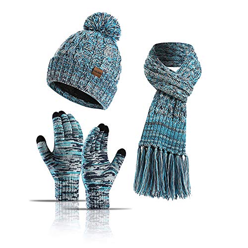 3-teiliges Winter-Handschuhe-Set für Damen und Herren, aus Fleece, Touchscreen-Handschuhe, Beanie-Mütze, Skimütze, seeblau, One size von Winmany
