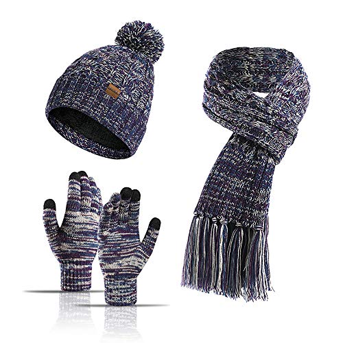 3-teiliges Winter-Mütze, Schal, Handschuhe, Set für Damen und Herren, Strickfleece, Touchscreen-Handschuhe, Beanie-Mütze, Skimütze, violett, Einheitsgröße von Winmany