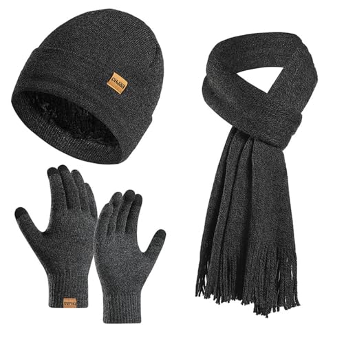 3PCS Winter Warme Mütze Schal Handschuhe Set für Damen Herren Strick Fleece Touchscreen Handschuhe Beanie Hut Skimütze, Dunkelgrau, EinheitsgröÃŸe von Winmany