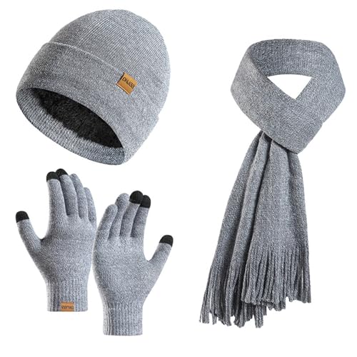 Wintermütze, Schal, Handschuhe, Set für Damen und Herren, Strick-Fleece, Touchscreen-Handschuhe, Beanie-Mütze, Skimütze, 3-teiliges Set, Grau, EinheitsgröÃŸe von Winmany
