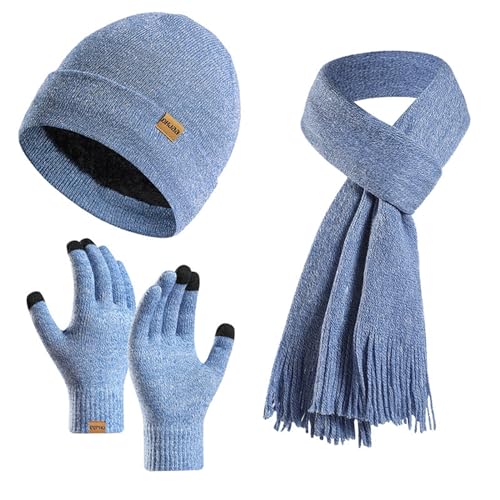 3PCS Winter Warme Mütze Schal Handschuhe Set für Damen Herren Strick Fleece Touchscreen Handschuhe Beanie Hut Skimütze, Hellblau, EinheitsgröÃŸe von Winmany