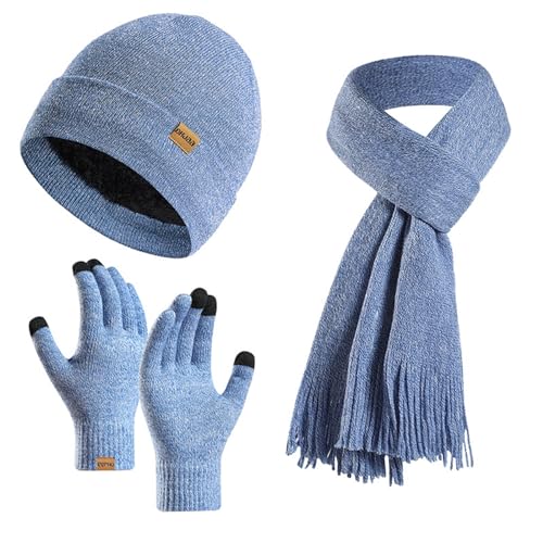 Wintermütze, Schal, Handschuhe, Set für Damen und Herren, solide gestrickt, Touchscreen-Handschuhe, Beanie-Mütze, 3-teiliges Set, Hellblau, One Size von Winmany