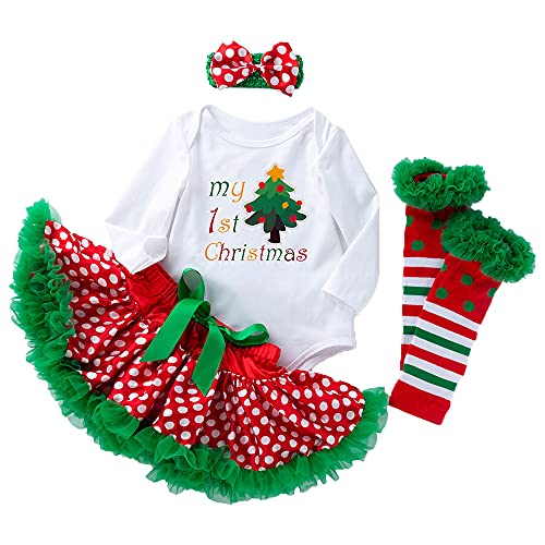 4 Stück Baby-Strampler für Neugeborene Mädchen Weihnachtsoutfit Tutu-Kleid mit Stirnband Buchstabe Beinwärmer rote Schuhe Set für 0~24 Monate von Winmany