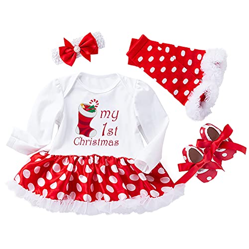 4 Stück Baby-Strampler für Neugeborene Mädchen Weihnachtsoutfit Tutu-Kleid mit Stirnband Buchstabe Beinwärmer rote Schuhe Set für 0~24 Monate von Winmany