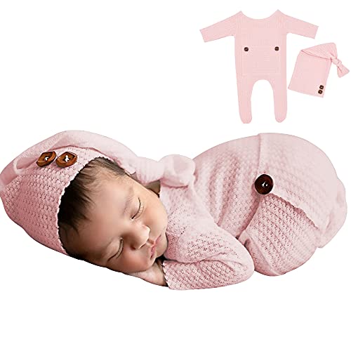 Winmany Baby Häkeln Strick Foto Fotografie Requisiten Outfits, 2PCS Neugeborene Foto Prop Strampler Hüte Kostüm Kleinkind Zubehör für 0-2 Monate (Rosa) von Winmany