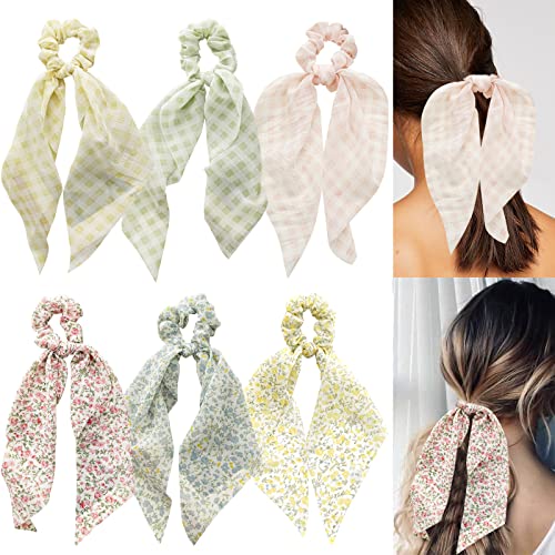 6PCS Haarbänder Schals Bowknot Haar Haargummis für Frauen Mädchen, Doppelschicht Chiffon Elastische Haargummis Pferdeschwanzhalter Haarabdruck Bandana von Winmany