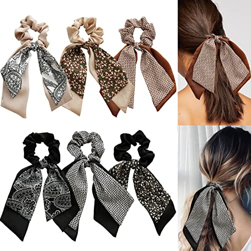 6PCS Haarbänder Schals Bowknot Haar Haargummis für Frauen Mädchen, Doppelschicht Chiffon Elastische Haargummis Pferdeschwanzhalter Haarabdruck Bandana von Winmany