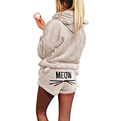 Damen-Schlafanzug mit Katzen-Stickerei, 2 Stück, Winter, niedlich, Mädchen, Kapuze, Nachtwäsche, Katzenohren, Bademantel, lange Ärmel, Shorts, Fleece, Trainingsanzug, beige, 36 von Winmany