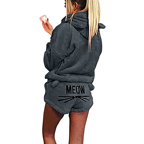 Damen-Schlafanzug mit Katzen-Stickerei, 2 Stück, Winter, niedlich, Mädchen, Kapuze, Nachtwäsche, Katzenohren, Bademantel, lange Ärmel, Shorts, Fleece, Trainingsanzug, grau, 46 von Winmany