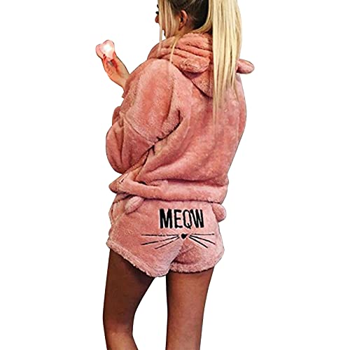 Damen-Schlafanzug mit Katzen-Stickerei, 2 Stück, Winter, niedlich, Mädchen, Kapuze, Nachtwäsche, Katzenohren, Bademantel, lange Ärmel, Shorts, Fleece, Trainingsanzug, rose, 36 von Winmany