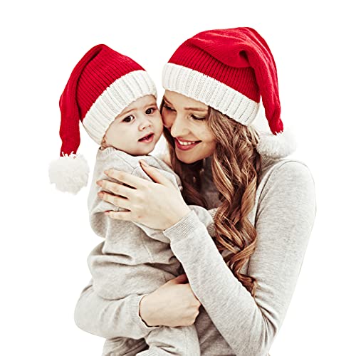 Familie passende Weihnachtsmütze Mutter & Baby Strickmütze Weihnachten Eltern-Kind Pom Pom Beanie Mütze Winterwärmer Santaa Mützen Häkeln Rot von Winmany