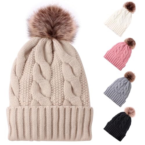 Frauen Winter Warme Beanie Mütze Strickmütze mit Pompon Schnee Knit Skull Skimütze für Frauen Mädchen (Beige) von Winmany