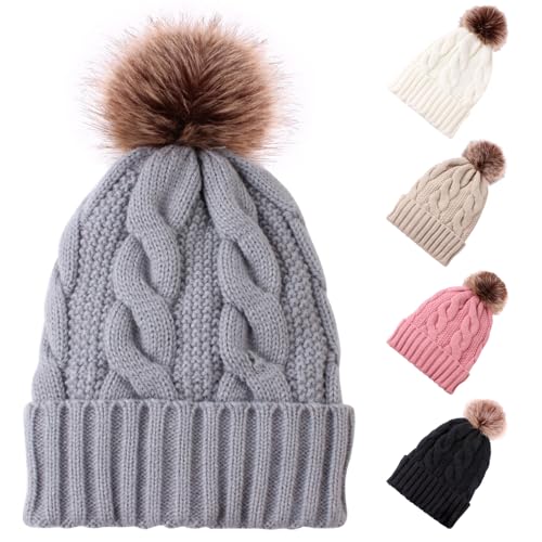 Frauen Winter Warme Beanie Mütze Strickmütze mit Pompon Schnee Knit Skull Skimütze für Frauen Mädchen (Grau) von Winmany