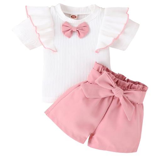 Kleinkind Mädchen Herbst Outfit 2 Stück Kleine Mädchen Winter Gerippt Rüschen Langarm Top Faltenrock Kleidung Set Weiß Rosa Bekleidung (Kurzarm + Shorts, 6-12M) von Winmany