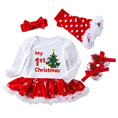 Neugeborene Baby Mädchen Kleid Weihnachten Strampler Tutu Kleid Outfit Stirnband Beinwärmer Schuhe Set (Baum, 0-3 Monate) von Winmany