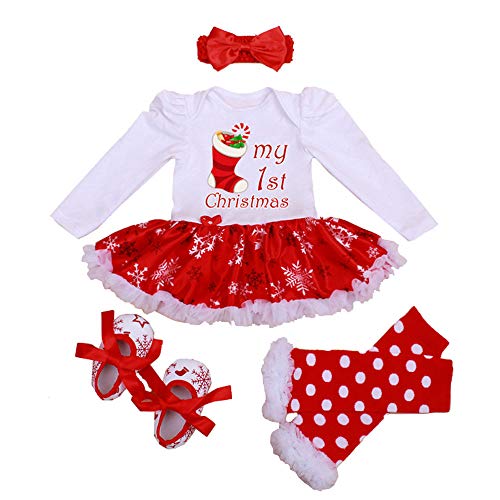 Neugeborene Baby Mädchen Kleid Weihnachten Strampler Tutu Kleid Outfit Stirnband Beinwärmer Schuhe Set (Weihnachtsschuhe, 0-3 Monate) von Winmany