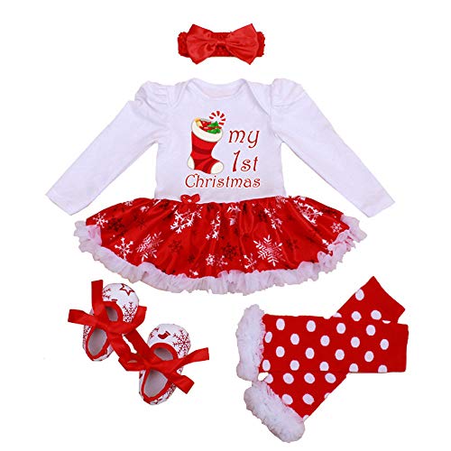 Neugeborene Baby Mädchen Kleid Weihnachten Strampler Tutu Kleid Outfit Stirnband Beinwärmer Schuhe Set (Weihnachtsschuhe, 3-6 Monate) von Winmany