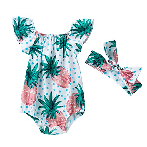 Neugeborenes Baby Floral Strampler Rüsche Ärmellose Säugling Mädchen Sommer Baumwolle Onesies Jumpsuit Bodysuit Overalls Kleidung Set + Bowknot Stirnband von Winmany