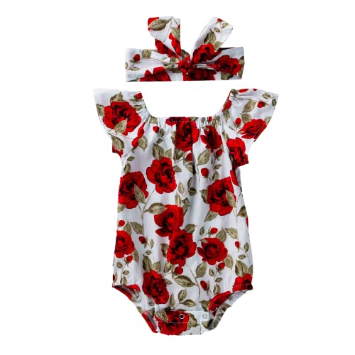 Neugeborenes Baby Floral Strampler Rüsche Ärmellose Säugling Mädchen Sommer Baumwolle Onesies Jumpsuit Bodysuit Overalls Kleidung Set + Bowknot Stirnband von Winmany