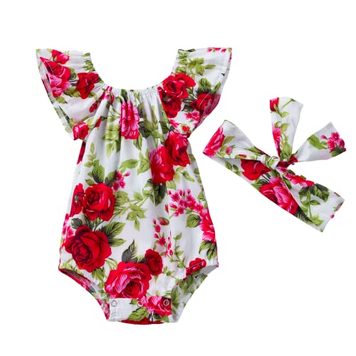 Neugeborenes Baby Floral Strampler Rüsche Ärmellose Säugling Mädchen Sommer Baumwolle Onesies Jumpsuit Bodysuit Overalls Kleidung Set + Bowknot Stirnband von Winmany