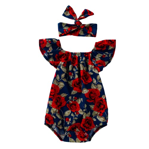 Neugeborenes Baby Floral Strampler Rüsche Ärmellose Säugling Mädchen Sommer Baumwolle Onesies Jumpsuit Bodysuit Overalls Kleidung Set + Bowknot Stirnband von Winmany