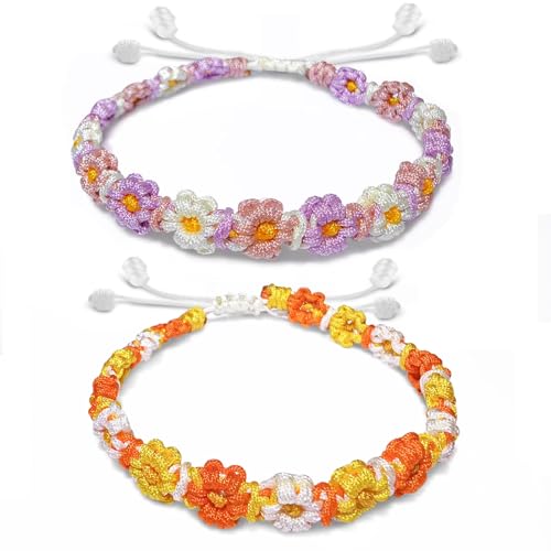 Winmany 2 Stück Boho-Armbänder Verstellbar Handgewebt Wasserdicht Mehrfarbig Freundschaftsarmband Valentinstag Freund Freundin Geschenk für Jungen und Mädchen (23CM, Lila Orange) von Winmany