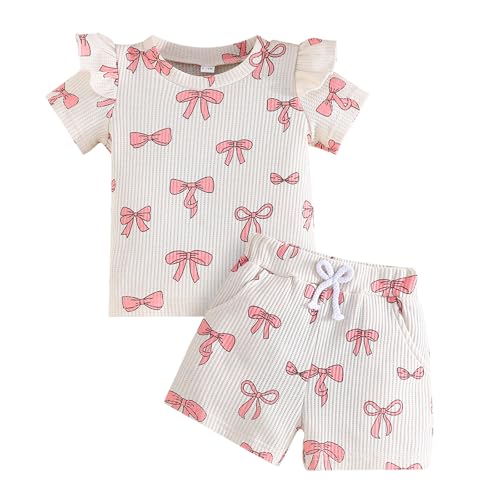 Winmany 2 Stücke Kleinkind Baby Mädchen Sommer Kleidung Kleines Mädchen Niedliche Schleife Kurzarm Top Shirt Outfits Set mit Taschen von Winmany