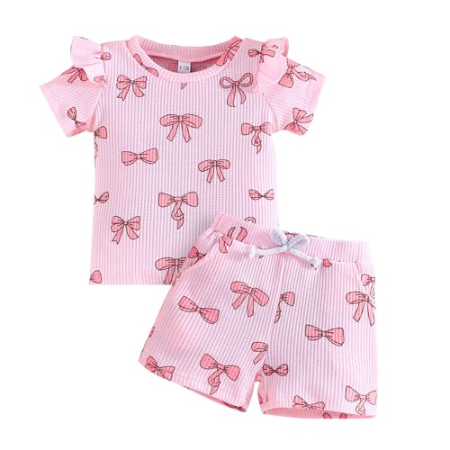 Winmany 2 Stücke Kleinkind Baby Mädchen Sommer Kleidung Kleines Mädchen Niedliche Schleife Kurzarm Top Shirt Outfits Set mit Taschen von Winmany