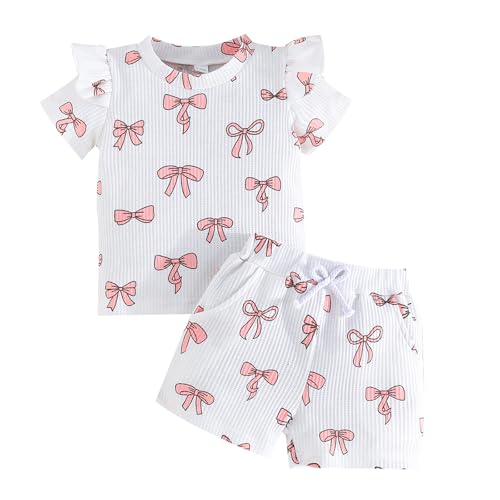 Winmany 2 Stücke Kleinkind Baby Mädchen Sommer Kleidung Kleines Mädchen Niedliche Schleife Kurzarm Top Shirt Outfits Set mit Taschen von Winmany