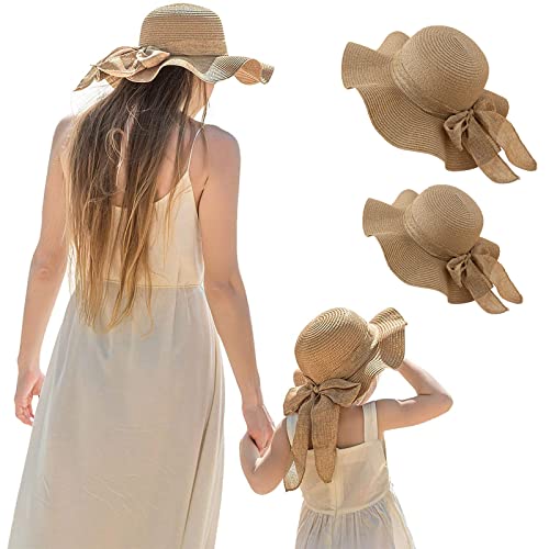 Winmany 2PCS Familie Passender Sommer Strand Sonnenhut Breiter Krempe Eltern-Kind Strohhut Bowknot Mütze für Frauen Baby Mädchen (Camel) von Winmany