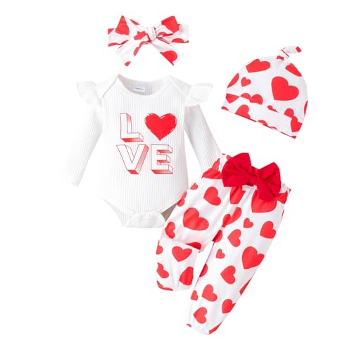 Winmany 4PCS Baby Mädchen Strampler Outfits Set Kleinkind Valentinstag lange Ärmel Top Hose Kleidung Kleinkind Liebe Herz Bodysuit (4, Weiß Rot, 0-3M) von Winmany