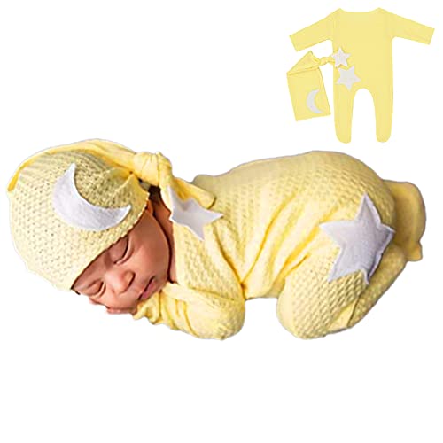 Winmany Baby Häkeln Strick Foto Fotografie Requisiten Outfits, 2PCS Neugeborene Foto Prop Strampler Hüte Kostüm Kleinkind Zubehör für 0-2 Monate (Gänsegelb) von Winmany