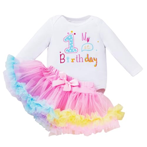 Winmany Baby Mädchen 1. Geburtstag Tutu Rock Set Langarm Strampler Erster Geburtstag Smash Cake Kostüme Partei Kleid Set (Buntes Pünktchen, 12-18M) von Winmany