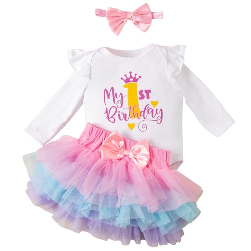 Winmany Baby Mädchen 1. Geburtstag Tutu Rock Set Langarm Strampler Erster Geburtstag Smash Cake Kostüme Partei Kleid Set (Kronen Buchstaben, 9-12M) von Winmany