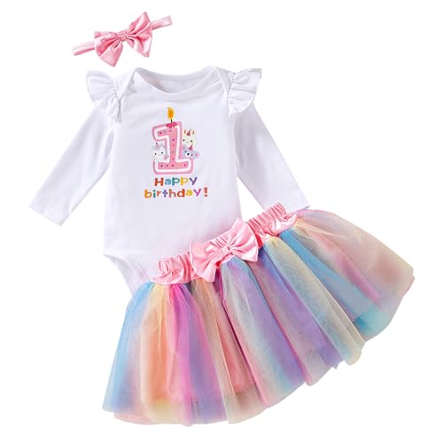 Winmany Baby Mädchen 1. Geburtstag Tutu Rock Set Langarm Strampler Erster Geburtstag Smash Cake Kostüme Partei Kleid Set (Tiere, 12-18M) von Winmany