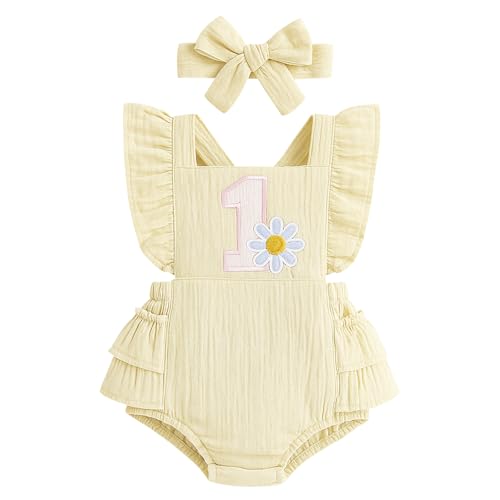 Winmany Baby Mädchen Erster Geburtstag Outfit 1. Geburtstag Süße Baumwolle Strampler Mit Stirnband Cake Smash Fotoshooting Bodysuits Kleidung von Winmany