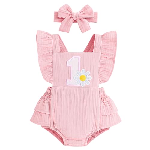 Winmany Baby Mädchen Erster Geburtstag Outfit 1. Geburtstag Süße Baumwolle Strampler Mit Stirnband Cake Smash Fotoshooting Bodysuits Kleidung von Winmany