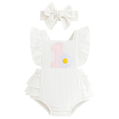Winmany Baby Mädchen Erster Geburtstag Outfit 1. Geburtstag Süße Baumwolle Strampler Mit Stirnband Cake Smash Fotoshooting Bodysuits Kleidung von Winmany