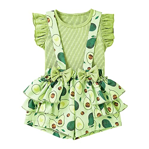 Winmany Baby Mädchen Sommer Rüschenärmel Strampler Avocado Top und Shorts Set Kleines Mädchen Grüne Schleife Hängende Hose Outfits (18-24 Monate) von Winmany