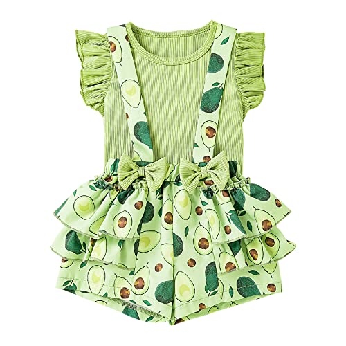 Winmany Baby Mädchen Sommer Rüschenärmel Strampler Avocado Top und Shorts Set Kleines Mädchen Grüne Schleife Hängende Hose Outfits (6-9 Monate) von Winmany