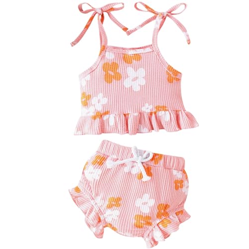 Winmany Baby Mädchen Sommerkleidung Neugeborenes Gänseblümchen ärmelloses Riemen Shirt Shorts Set für 0-18 Monate (2, Gelbe Blüten, 12-18M) von Winmany