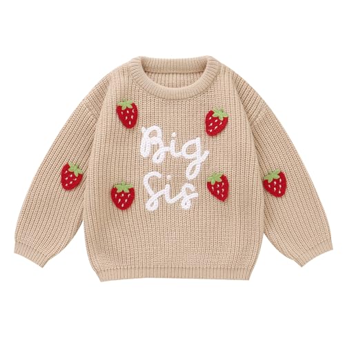 Winmany Baby Mädchen Strickpullover Kleinkind Erdbeere Big Sis Print Pullover Sweatshirt Herbst Winter Langarm Warm Pullover Top, beige, 2-3 Years von Winmany