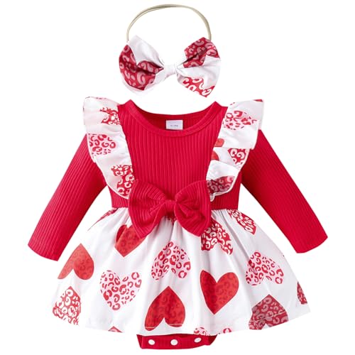 Winmany Baby Mädchen Valentinstag Outfit Set Kleinkind Rüschen Langarm Strampler Kleinkind Herz Print Kleid mit Bogen Stirnband (6-12M, Rot, 2) von Winmany