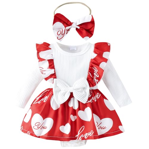 Winmany Baby Mädchen Valentinstag Outfit Set Kleinkind Rüschen Langarm Strampler Kleinkind Herz Print Kleid mit Bogen Stirnband (6-12M, Weiß, 2) von Winmany