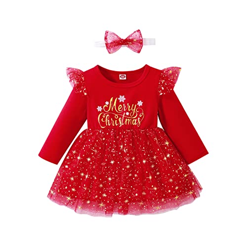 Winmany Baby Mädchen Weihnachten Outfits Kleinkind Rot Tutu Kleid Langarm Spitze Rock Kleinkind Warm Kleidung+Stirnband von Winmany