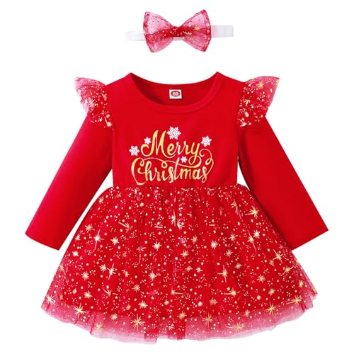 Winmany Baby Mädchen Weihnachten Outfits Kleinkind Rot Tutu Kleid Langarm Spitze Rock Kleinkind Warm Kleidung+Stirnband von Winmany