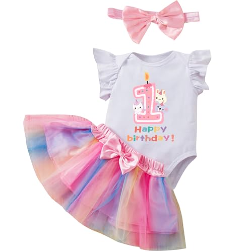 Winmany Baby Mädchen ersten Geburtstag Kleidung 3PCS Bogen Stirnband Mein 1. Geburtstag Strampler Tutu Rock Cake Smash Outfit Set für FotoShooting (Tiere, 9-12M) von Winmany