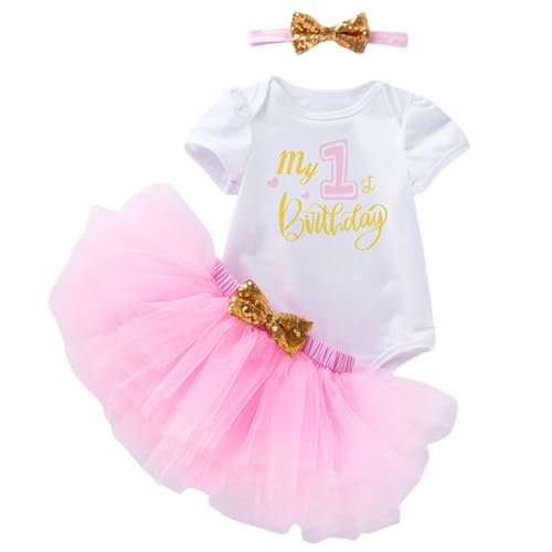 Winmany Baby Mädchen ersten Geburtstag Kleidung 3PCS Bogen Stirnband Mein 1. Geburtstag Strampler Tutu Rock Cake Smash Outfit Set für FotoShooting (Rosa, 12-18M) von Winmany