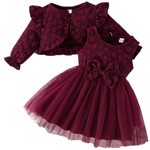 Winmany Kleid und Strickjacke für kleine Mädchen 2-teilig Blumenmuster Tüllrock Frühlings Sommer Herbstkleid von Winmany