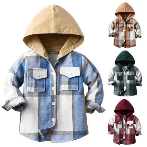 Winmany Kleiner Junge Plaid Hoodie Jacke Kinder Mädchen Button Down dicke Hemden Kleinkind lange Ärmel Herbst Frühling Mantel Kleidung für 2-8T (DE/NL/SE/PL, Alter, 3 Jahre, 4 Jahre, Regular, Blau) von Winmany